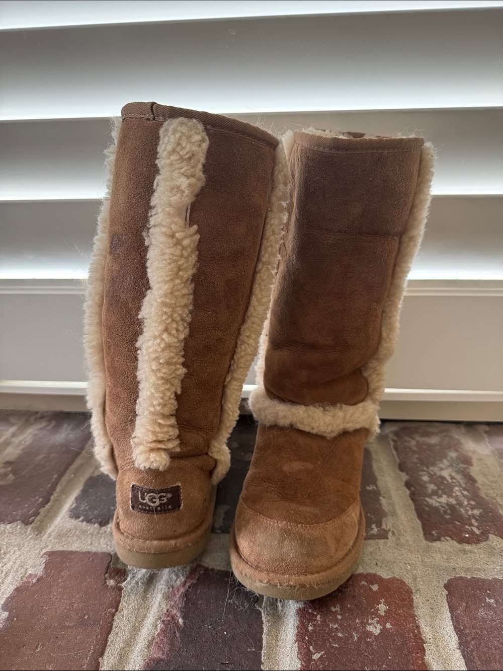 UGG Chestnut Suede Tall Boots with Cream Shearling Trim